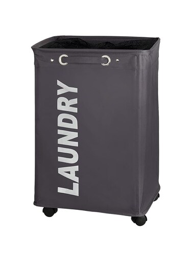 WENKO Quadro Laundry Bin, Polyester, Spacious Home Clothes Storage, Bedroom Hamper, Organizer &amp; Helper, Space Saver, 40 x 33 x 8 cm, Grey