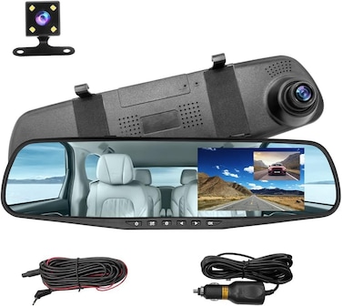 Dash Cam for Car, 4.3" Backup Smart Rearview Mirror Camera, Waterproof HD 1080P Front and Rear Wide Angle, Support Dual Cameras, Night Vision, Parking Assistance &amp; Loop Record