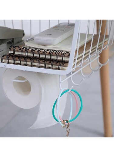 Under Shelf Cabinet Basket Metal Rack Organiser for Bowls Cups Saucers Plates Multifunctional Storage Wire Basket with Hooks for hanging cups Kitchen Office Pantry Home White
