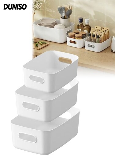 3-Pack Storage Bin,Small Plastic Containers for Organizing with Handles,Multi-Use Durable Cabinet Organizer for Closets, Shelves and Countertops (White)