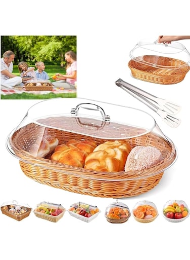 TAME Woven Bread Basket Wicker Bread Basket for Serving, Imitation Rattan Bread Basket with Acrylic Lid, Woven Tabletop Food Serving Basket, Fruit Basket for Kitchen Restaurant (Oval)