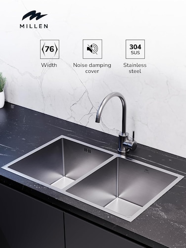 Premium Handmade Undermount Double Bowl Sink  - SUS 304 Stainless Steel, Soundproof, Satin Finish