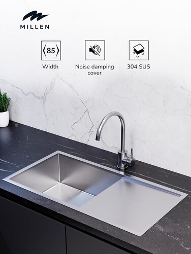 Premium Handmade Undermount Single Bowl Sink With Drainer - SUS 304 Stainless Steel, Soundproof, Satin Finish