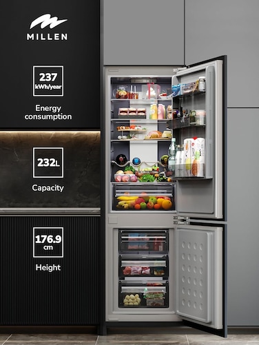 MILLEN Built-in Refrigerator, 232L, 3 Y Warranty, Grey Interior, No Frost, 2 Doors Fridge Freezer, Electronic Controls, LED Backlight, Quick Cooling/Freezing, Vacation Mode, MBIA 177.3ID