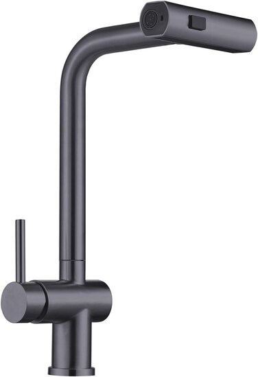 خلاط مطبخ ميلين بمقبض واحد مع دوران 360 درجة، رشاش يدوي قابل للسحب، لون رمادي لامع - MM501GM، ضمان لمدة عام