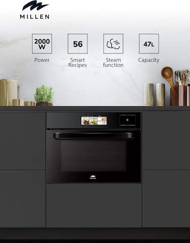 MILLEN 60cm Built In Electric Combi Steam Oven with TFT Display, 56 Smart Recipes, 47L - 3Y Warranty, MEOS 455 BL