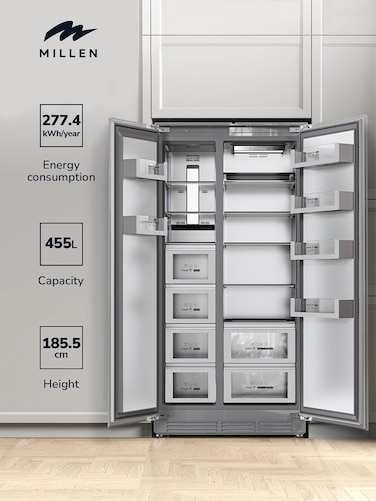 MILLEN Built-in Refrigerator, 455L, 3 Y Warranty, Grey Interior, No Frost, Side by Side Fridge Freezer, Electronic Controls, LED Backlight, MBSB455ID
