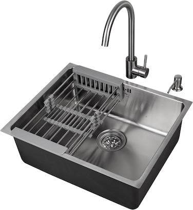Premium Undermount Top Mount Single Bowl Sink with Faucet &ndash; 304 Stainless Steel, Soundproof, Satin Finish - MS5444 SET, 3Y Warranty