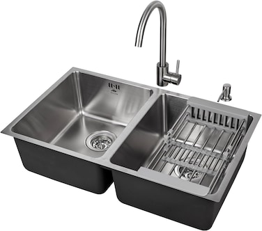 Premium Undermount Top Mount Double Bowl Sink with Faucet and Soap Dispanser &ndash; 304 Stainless Steel, Soundproof, Satin Finish - MS7544 SET, 3Y Warranty