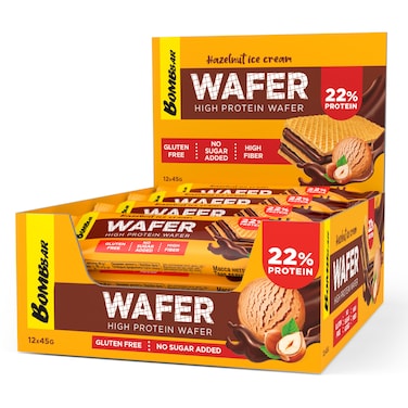 Bombbar High Protein Wafer with Hazelnut Ice Cream Flavor, Gluten Free, High Fiber and No Sugar Added 12x45g