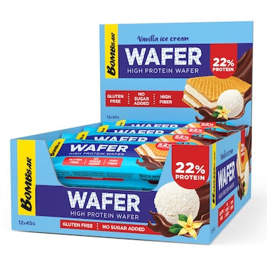 Bombbar High Protein Wafer with Vanilla Ice Cream Flavor, Gluten Free, High Fiber and No Sugar Added 12x45g