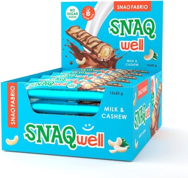 Snaq Fabriq Snaq Well Milk Chocolate Wafer With Cashew, Fiber Rich, Gluten Free Chocolate Wafer, No Added Sugar, Low Calorie On-The-Go Snack, 20gm (Box of 15)
