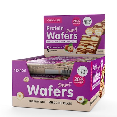 Chikalab Protein Wafers Dessert Milk Chocolate with Creamy Hazelnut Filling Gluten Free &amp; No Sugar Added 12x40g
