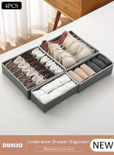 4pcs Wardrobe Clothes Organizer Sock Underwear Drawer Organizer Dividers Cell Foldable Fabric Dresser Closet Storage Box and Storage Bins for Clothing, Baby Clothes, Bra, Panty, Scarf, Ties, Scarves