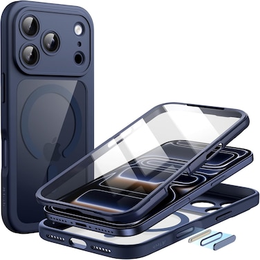 Case for iPhone 17 Pro Max 6.9-Inch with Built-in Tempered Glass Screen Protector and Camera Control Button, Compatible with MagSafe, 360 Degree Full Body Cover (Deep Blue)