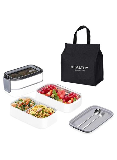 Lunch Box for kids and Adults Leak-proof Stainless Steel Lunch box With 3 Compartments and Cutlery, Nylon Insulated Lunch Bag with Box for School, Office, Picnic, and Camping