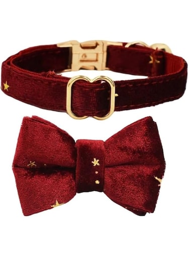 Cat Collar with Elegant Gold Buckle and Removable AirTag Holder, Adjustable, Detachable Bell, and Removable Bow Tie, Ideal for Kittens and Small Dogs - Burgundy Star