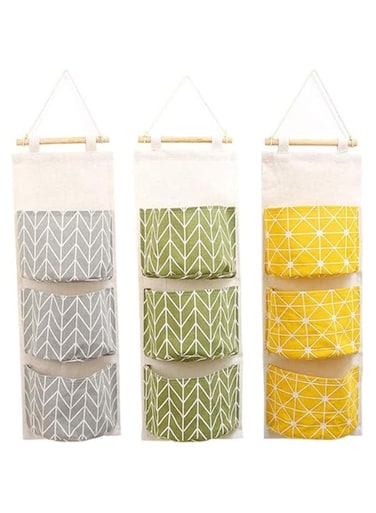 Waterproof Over The Door Closet Organizer - Linen Fabric Hanging Storage Bag with 3 Pockets for Remotes - Wall Hanging Pocket Organizer for Bedroom in Yellow, Gray, and Green