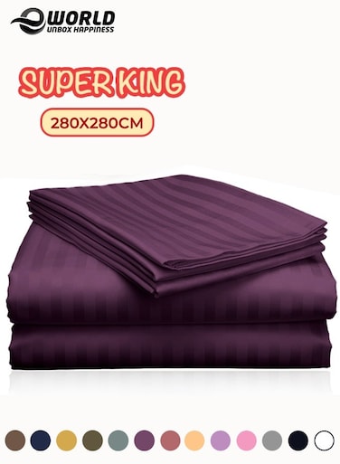 3 Piece Super King Purple Striped Bed Sheet Set &acirc;&euro;&ldquo; Ultra-Soft Microfiber Striped Sheet &amp; 2 Pillowcases, Breathable Luxury Bedding for Home &amp; Hotel Use