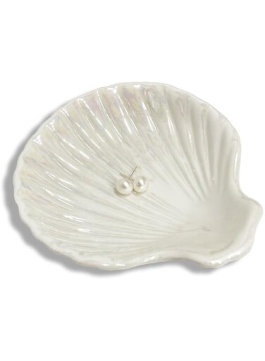 GO2HEJING Ring Dish Shell Shape Ceramic Jewelry Dish Tray, Decorative Trinket Dish Organizing Rings Earrings Necklaces Keys for Mom Friend Sister, 3.9", White Iridescent Surface