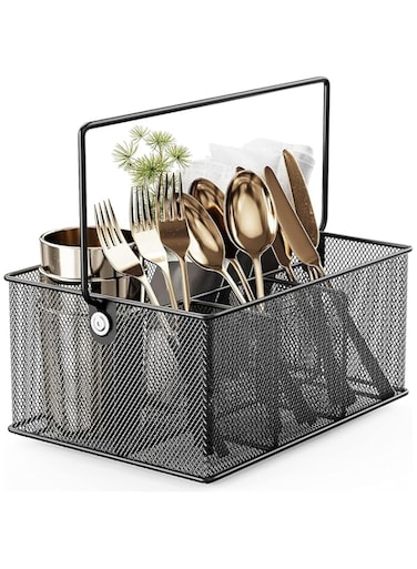 THE WHITE SHOP Utensil Caddy, Cutlery Silverware Caddy with 4 Compartments, Mesh Flatware Holder Organizer Perfect for Home, Kitchen, Countertop, Party, Camping, Outdoor and Restaurant (Black)