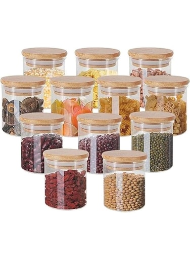 Nyganmelloz 200 ml Glass Jars with Bamboo Lids Silicon Ring Set of 10, Air Tight Kitchen Food Cereal Containers for Storage, Canister Set for Jam Pasta Spaghetti Tea Coffee Beans Cookie Snack Flour