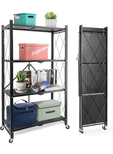 4-Shelf Foldable Storage Shelves with Wheels Large Capacity Shelving Unit Freestanding Metal Wire Shelf Rack No Assembly Organizer Rack for Garage Kitchen Basement Pantry Heavy Duty