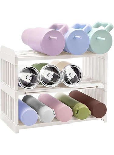 Exrp Extensible 3 Tier Water Bottle Organizer, White, Minimalist Style, Adjustable Width, Holds 10-15 Bottles, Kitchen &amp; Home Storage