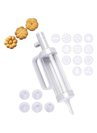 TERRIFI Dessert Decorating Syringe Set Manual Cookie Maker with 12 Cooking Decorating Discs and 5 Funnel Icing Tips for DIY Biscuit Maker and Decoratio