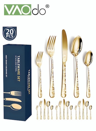 20PCS Stainless Steel Cutlery Set, Butterfly Silverware Set Service for 4, Flatware Personal Set with Steak Knives, Dishwasher Safe Mirror Polished Tableware Cutlery Set Gold