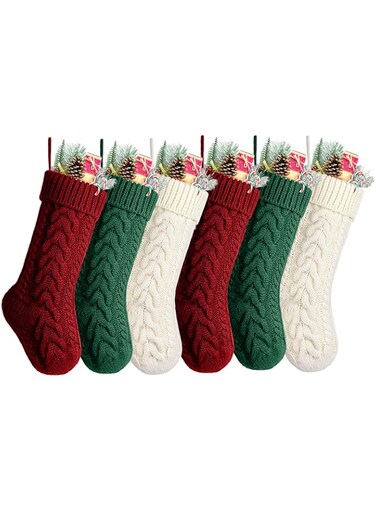 Kunyida Christmas Stockings,Pack 6 18 inches Large Size Cable Knit Burgundy and Ivory Green Xmas Stockings for Family Holiday Season Decor