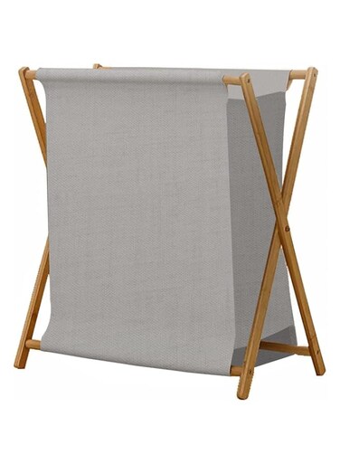 Jorunb Bamboo Laundry Hamper Sorter Cart, Portable and Collapsible Folding Clothes Laundry Basket Storage with Removable Liner Bag, X Frame, Bamboo Laundry Organizer Cabinet for Bathroom (Grey)