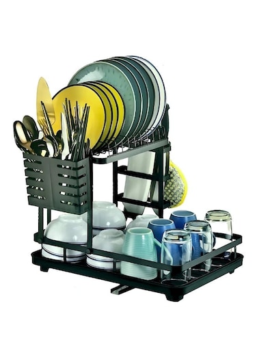 Space Saving Dish Drying Rack Stainless Steel Tiered Dish Rack with Drain Board Large Capacity Kitchen Dish Drainer Organizer with Utensil Holder Heavy Duty 2 Tier Dish Drying Rack Compact Black Carbon Steel 2 Level Kitchen Organizer 42 &Atilde;&mdash; 30 CM