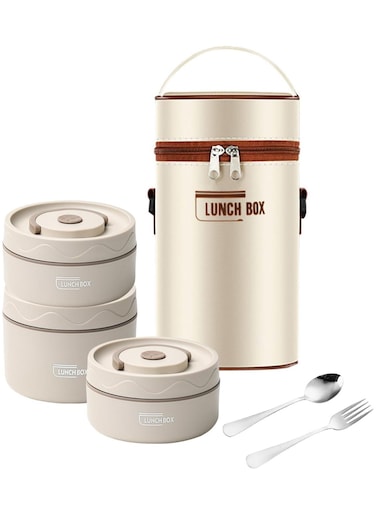 Kids Thermal Bento Lunch Box Set for School, Insulated Lunch Containers With Bag,3 Separate Stackable Lunch Container, Microwaveable Lunch Box Bento Box for Adults &amp; Kids (3-Layer, White)