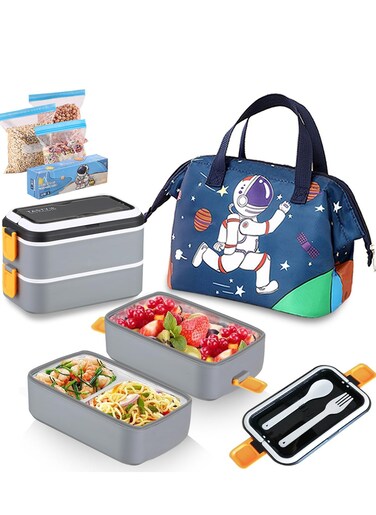 Lunch Box for Kids School, 4 in 1 Lunch Box Set with Insulated lunch Bag and Utensil Set,Leak-proof 2 Layer Large Capacity Lunch Box for Kids&amp;Adults（Grey)