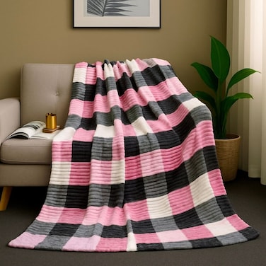 Luxury Striped Soft &amp; Checkered Flannel Fleece Blanket 160x220cm Single Ply Blanket Suitable For All Season, Comfortable, Fluffy, Blanket For Bed And Sofa 800gm