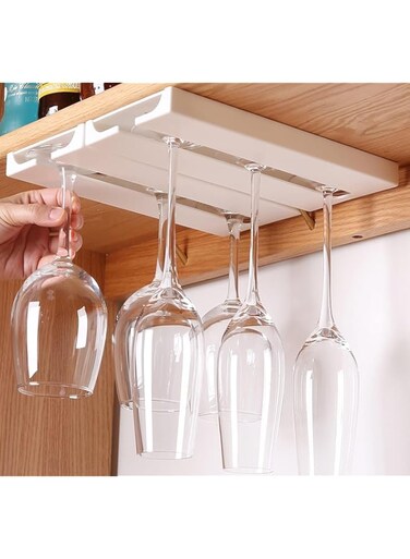 2 Pack Wine Glass Holder Under Shelf or Cabinet Punch-free Wine Glass Rack Plastic Stemware Rack Glassware Drying Storage Hanger for Kitchen,Bar and Restaurant(White)