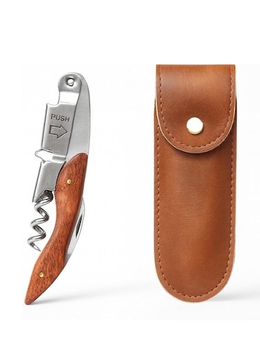 Corkscrew Double-Hinged Wine Opener with Wooden Handle &amp; Leather Case, Durable Stainless Steel Wine Key for Bar, Restaurant &amp; Home