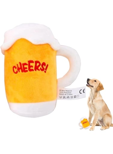 PETSARY Mug Shaped Dog Beer Chew Toy - Cheers Beer Plush Squeaky Mug Dog Toy - Wine Bottle Crinkle Vocal Cleaning Toy - Soft Bite-Proof Stuffed Teething - Cup Puppy Tug-of-War Toy for Small Medium Dog