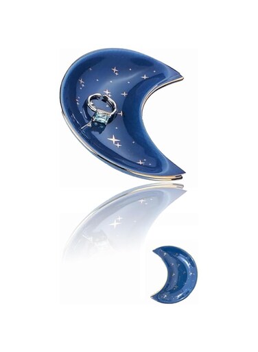 Moon and Stars Jewelry Tray - Blue Ring Dish for Women, Girls, and Kids - Decorative Trinket Tray for Vanity, Bathroom, Necklace, Earrings, Keys - Ceramic Organizer