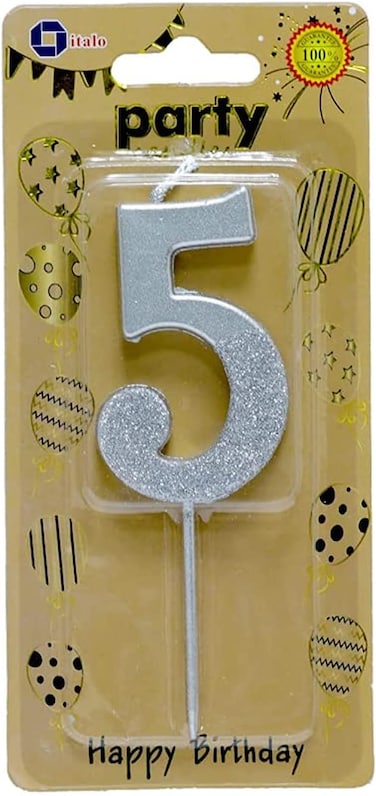 Italo Number 5 Glitter Dipped Birthday Candle, Silver