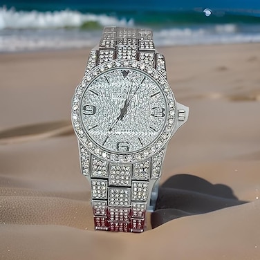 DALFA Luxury Ladies Watch Iced Out Watch with Quartz Movement Crystal Rhinestone Diamond Watches for Women Stainless Steel Wristwatch Full Diamonds