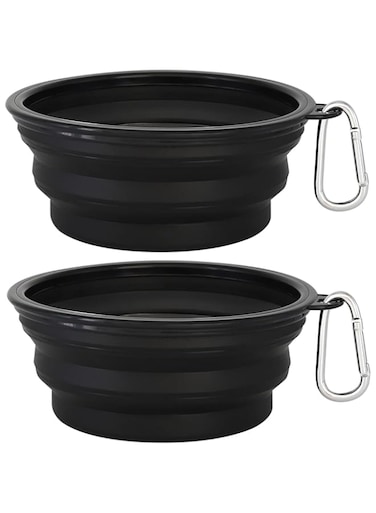 Kytely Large Collapsible Dog Bowls 2 Pack, 34oz Foldable Dog Travel Bowl, Portable Dog Water Food Bowl with Clasp, Pet Cat Feeding Cup Dish for Traveling, Walking, Parking (Black+Balck)