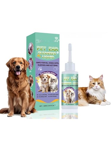 HONPOLO Pet Ear Cleanser Liquid 60ml Gentle Ear Care Drops for Dogs &amp; Cats, Effectively Cleans &amp; Treats Ear Mites &amp; Wax Buildup, Supports Healthy Ears, Ideal for Routine Ear Cleaning &amp; Maintenance