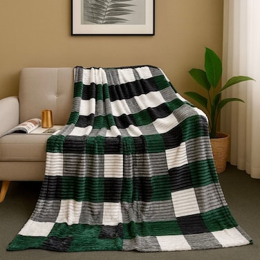 Luxury Striped Soft &amp; Checkered Flannel Fleece Blanket 160x220cm Single Ply Blanket Suitable For All Season, Comfortable, Fluffy, Blanket For Bed And Sofa 800gm