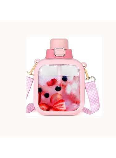Tazweeq Square Water Bottle with Straw, Clear Travel Bottle with Adjustable Strap, Leak-proof Mug, For Office and School (Pink, 700 ml)