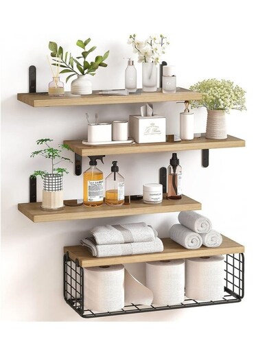 Wall Mounted Floating Shelves with Storage Basket &acirc;&euro;&ldquo; 4-Tier Bathroom Organizer Rack for Towels, Toiletries, Plants, and Decor &acirc;&euro;&ldquo; Space-Saving Rustic Wood Shelving Unit
