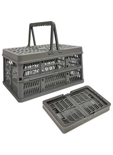 STAYOUNG Storage Crates - Foldable Basket, Plastic Storage Box with Handle and Lids, Crate Bin for Desk Organizer Stackable Containers for Home Kitchen Office Bathroom Storage (Grey, 11.8x7.9x6.1&quot;)