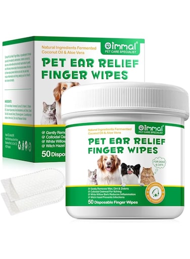 Xaarty Ear Cleaning Wipes for Dogs &amp; Cats, Gently Remove Wax &amp; Debris, Reduce Ear Inflammation, Finger Set Cellular Network Design, Rich in Fermented Coconut Oil and Aloe Vera, All Natural, 50 Count