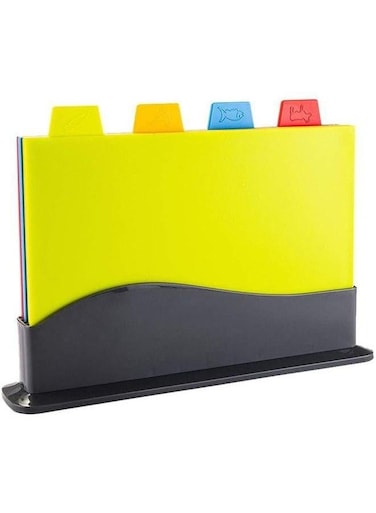 Cutting Board Set of 4, Plastic Non-slip Chopping with Stand, Color Coded Durable Boards Icons for Food Safety in Space Saving Storage Case